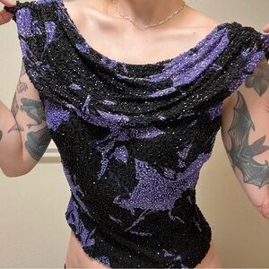 Sequin Draped Neck Purple & Black Women's Top